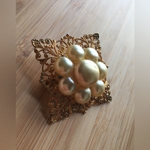 Antique cannetille style gilt brooch with celluloid pearls